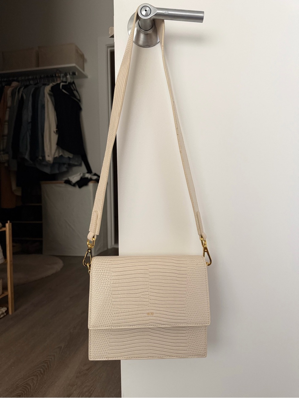 JW PEI Cream Textured Shoulder Bag with Gold Hardware